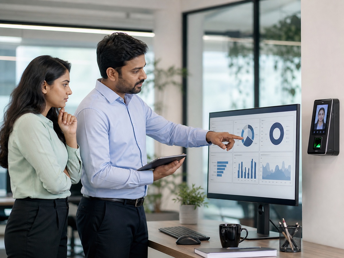 HR professionals reviewing attendance, payroll and workforce analytics