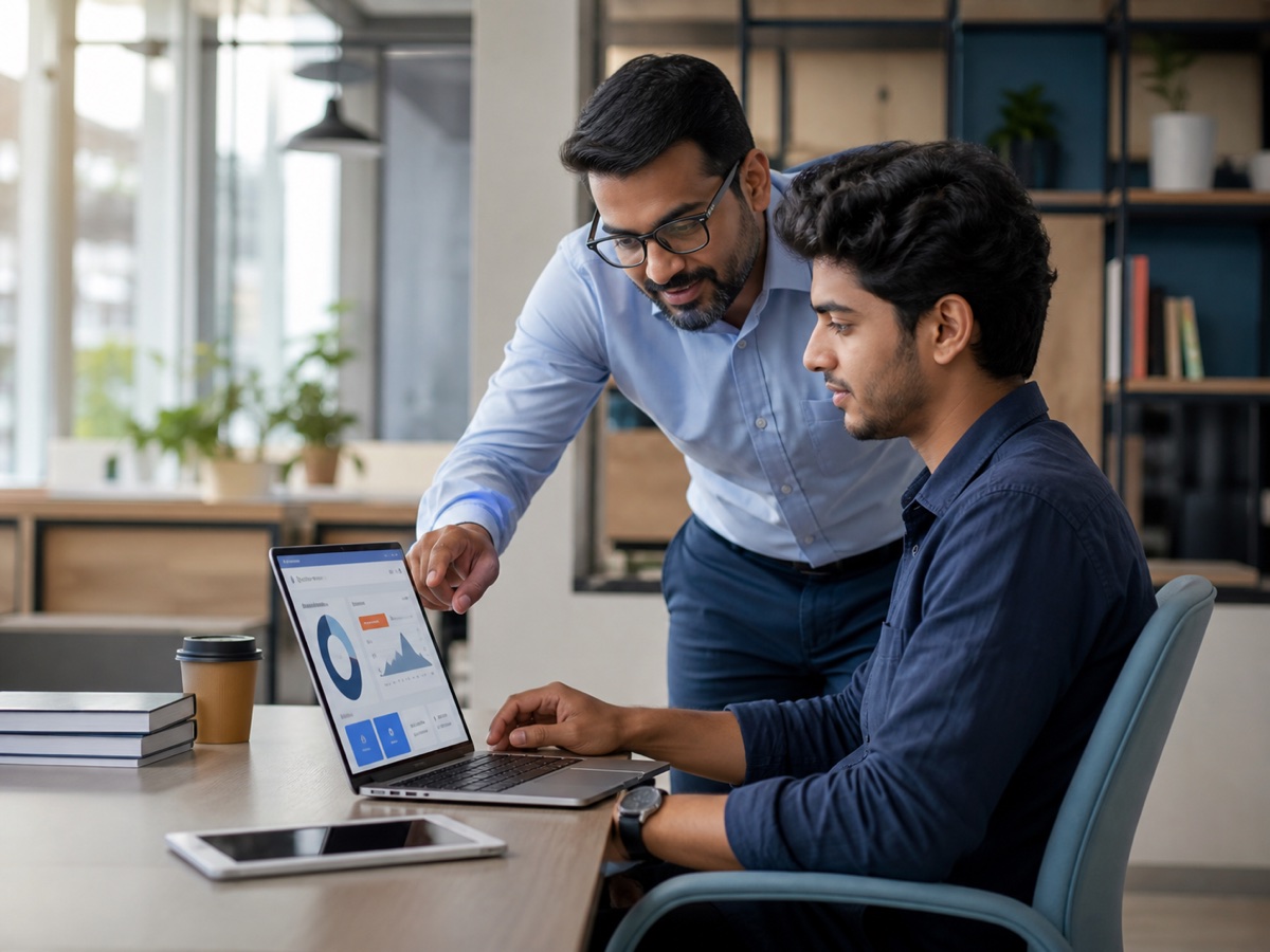 Trainer guiding a professional through an online learning platform