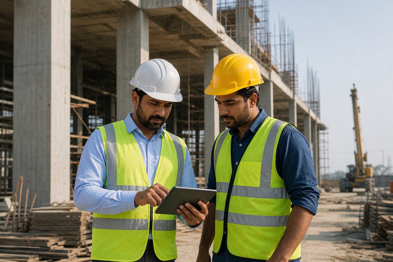 Construction team reviewing project operations on site