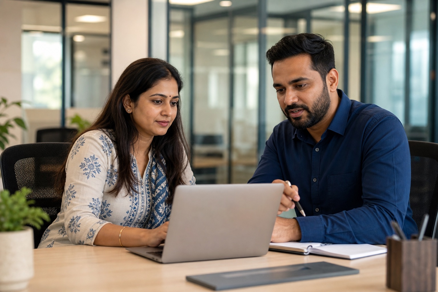HR manager and employee reviewing workforce information